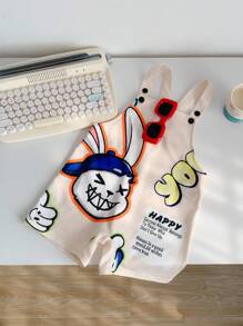 1pc Young Boys Casual Sporty Streetwear Cute Rabbit Print Loose Bib Overall Shorts, Suitable For Daily Wear, School, Travel, Sports, Spring/Summer - Apricot - View 5