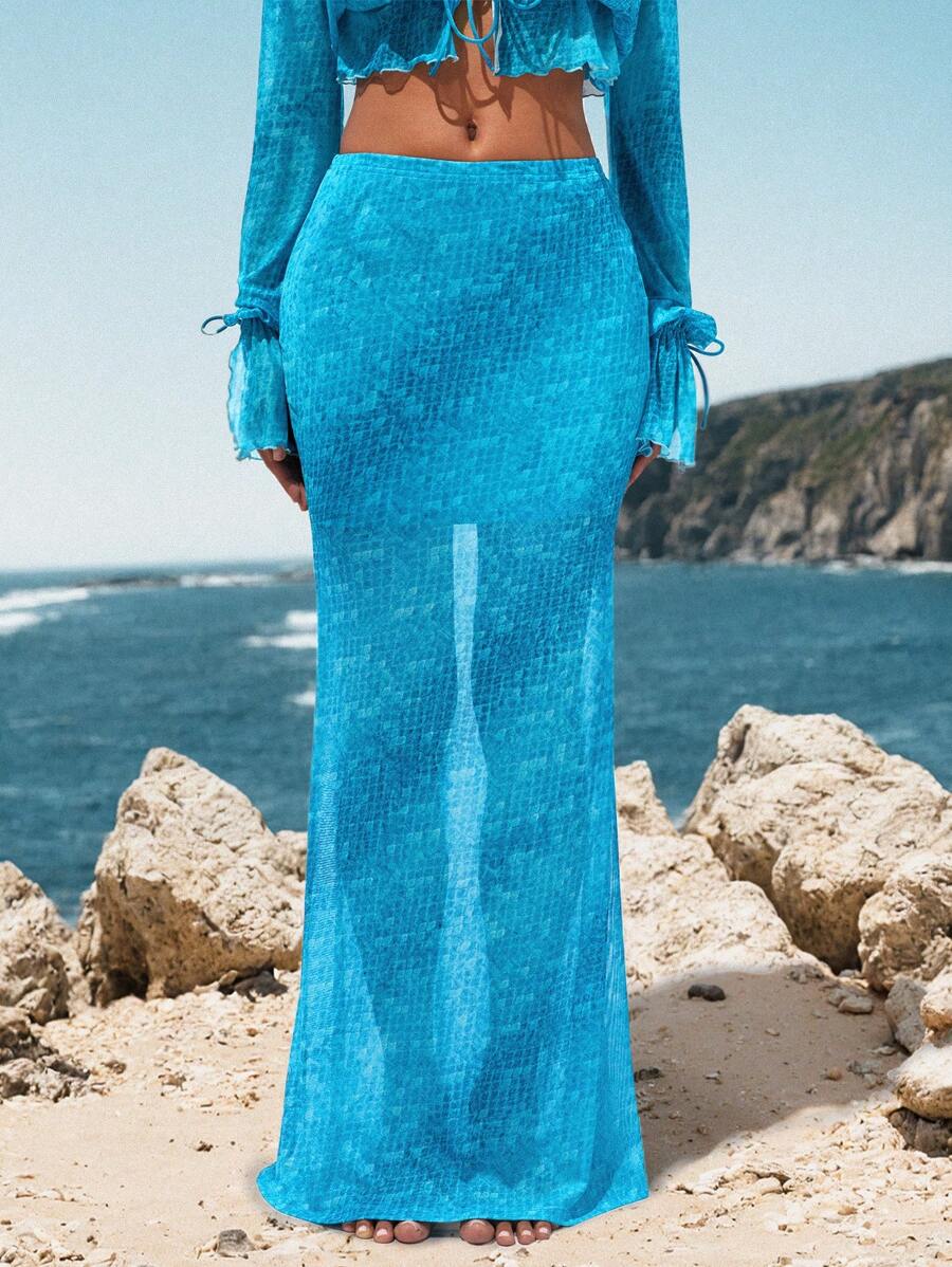 Opulessa 夏季度假服装女士海滩波西米亚风波西米亚节针织网眼印花低腰美人鱼下摆女式裙子