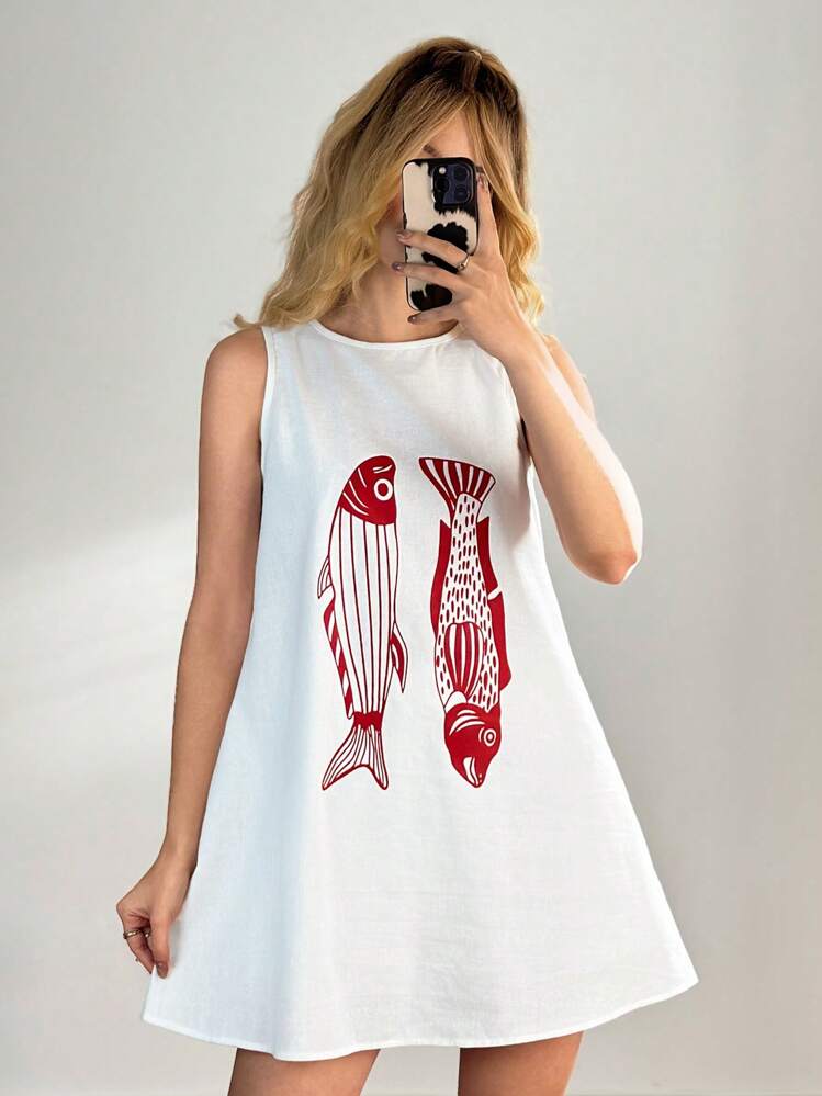 SHEIN Forever 21 Women's Casual Fish Print Round Neck Sleeveless