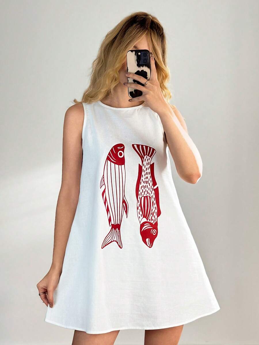 Forever 21 Women's Round Neck Sleeveless Simple Fish Print Casual Short Dress - White - View 1