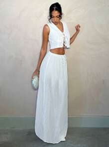 SHEIN BAE 夏季海滩度假纯白色蝴蝶结套装上衣背心套装裙套装，适合日常约会、夜间外出、夜总会、派对、聚会、鸡尾酒会、泳池派对、返校季服装、学校季服装、假日服装 - 白色 - 查看 1