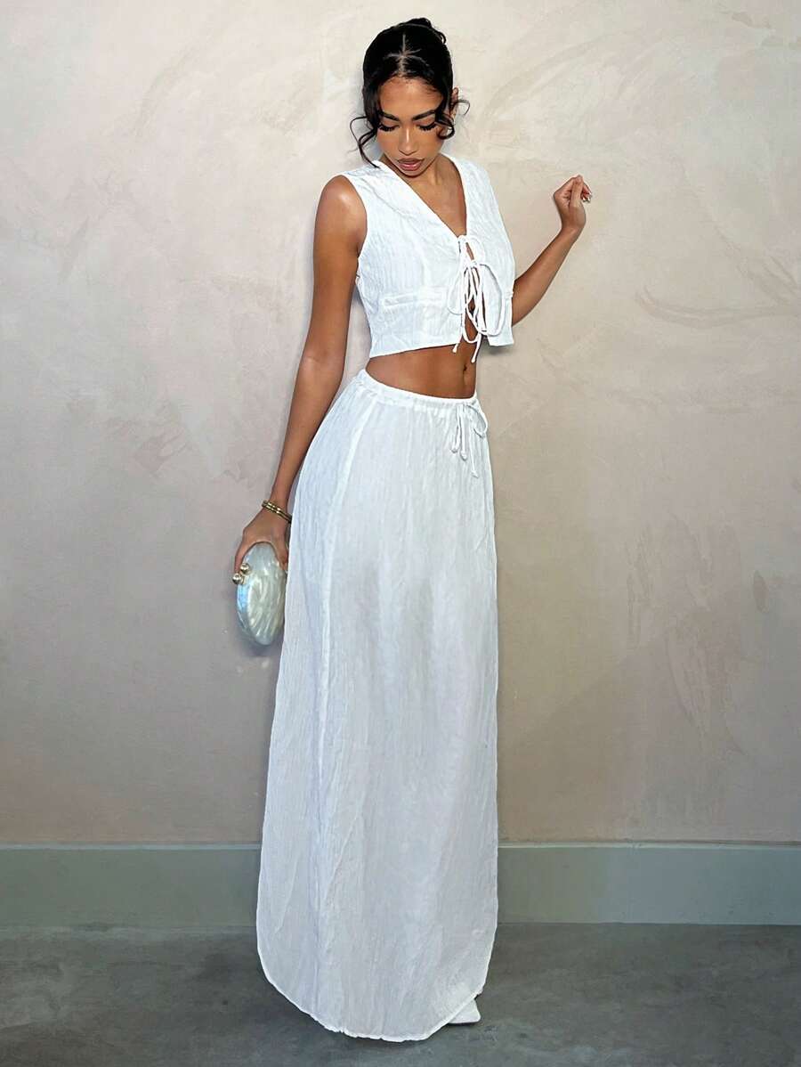 SHEIN BAE 夏季海滩度假纯白色蝴蝶结套装上衣背心套装裙套装，适合日常约会、夜间外出、夜总会、派对、聚会、鸡尾酒会、泳池派对、返校季服装、学校季服装、假日服装 - 白色 - 查看 1