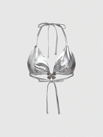 ROMWE Avant Top haltère décoré de papillons en métal argenté brillant, style avant-gardiste Y3K, pour femmes