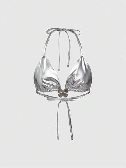 ROMWE Avant Top halter con decoración de mariposa con recubrimiento metálico brillante plateado de estilo de vanguardia Y3K para mujeres