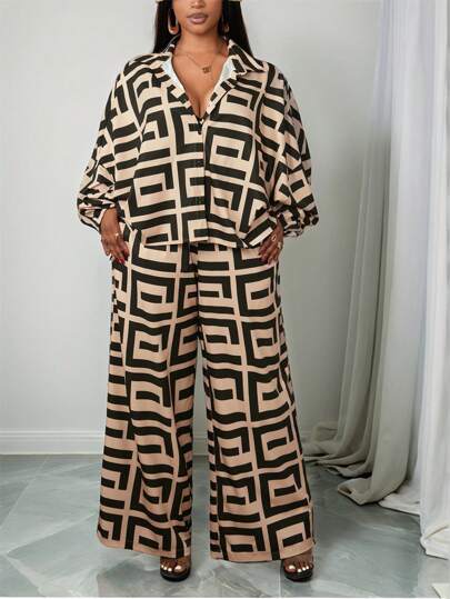 Slaydiva 2 件/套大码女式休闲落肩印花衬衫和长裤套装，2025 年新款