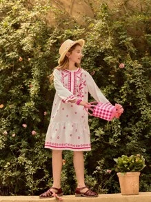 SHEIN Tween Girl Round Neck Long Sleeve Half-Placket Dress - Pink - View 4