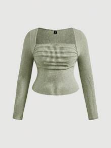 SHEIN MOD Camiseta de mujer talla grande de manga murciélago con pliegues en el pecho en color verde