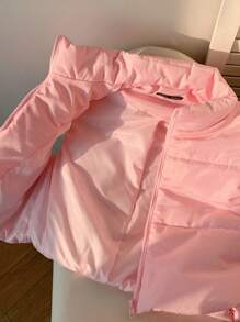 SHEIN EZwear Cropped Padded Vest, Sleeveless, Solid Color, For Winter - Baby Pink - View 5