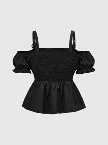 ROMWE Kawaii Váy búp bê tay bồng dễ thương thiết kế hở vai cài nút kim loại hình trái tim dành cho nữ - màu đen - Xem 2