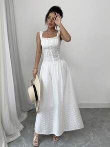 Airlisse Geborduurde effenkleurige getailleerde lijfjejurk met geplooide buste, strik aan de voorkant, ruchezoom, knoopsluiting in de taille, uitlopende jurk, elegante sexy bohemian stijl voor feestjes, vakantie, lente/zomer