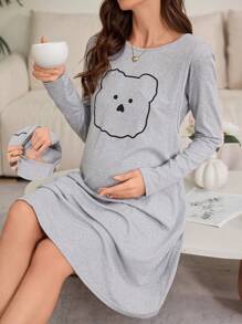 Cute Bear Line Print Breastfeeding Design Maternity Long Sleeve Nightgown - Light Grey - View 1