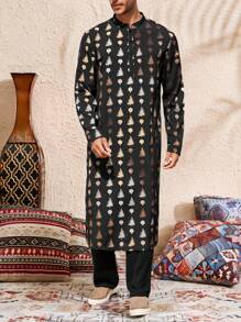 Manfinity Homme Eid Mubarak  Ramadan Men's Set Of Gold Foil Floral Print Long Sleeve Long Shirt Robe And Pants - Black - View 1