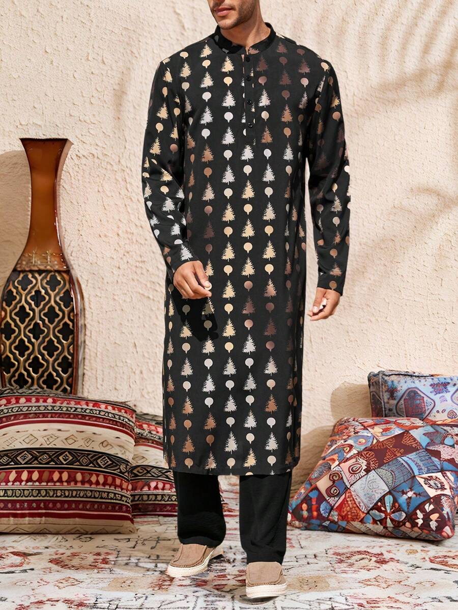 Manfinity Homme Eid Mubarak  Ramadan Men's Set Of Gold Foil Floral Print Long Sleeve Long Shirt Robe And Pants - Black - View 1