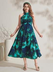 SHEIN Maternity Stand Collar Sleeveless Floral Print Casual Mini Dress - Multicolor - View 4