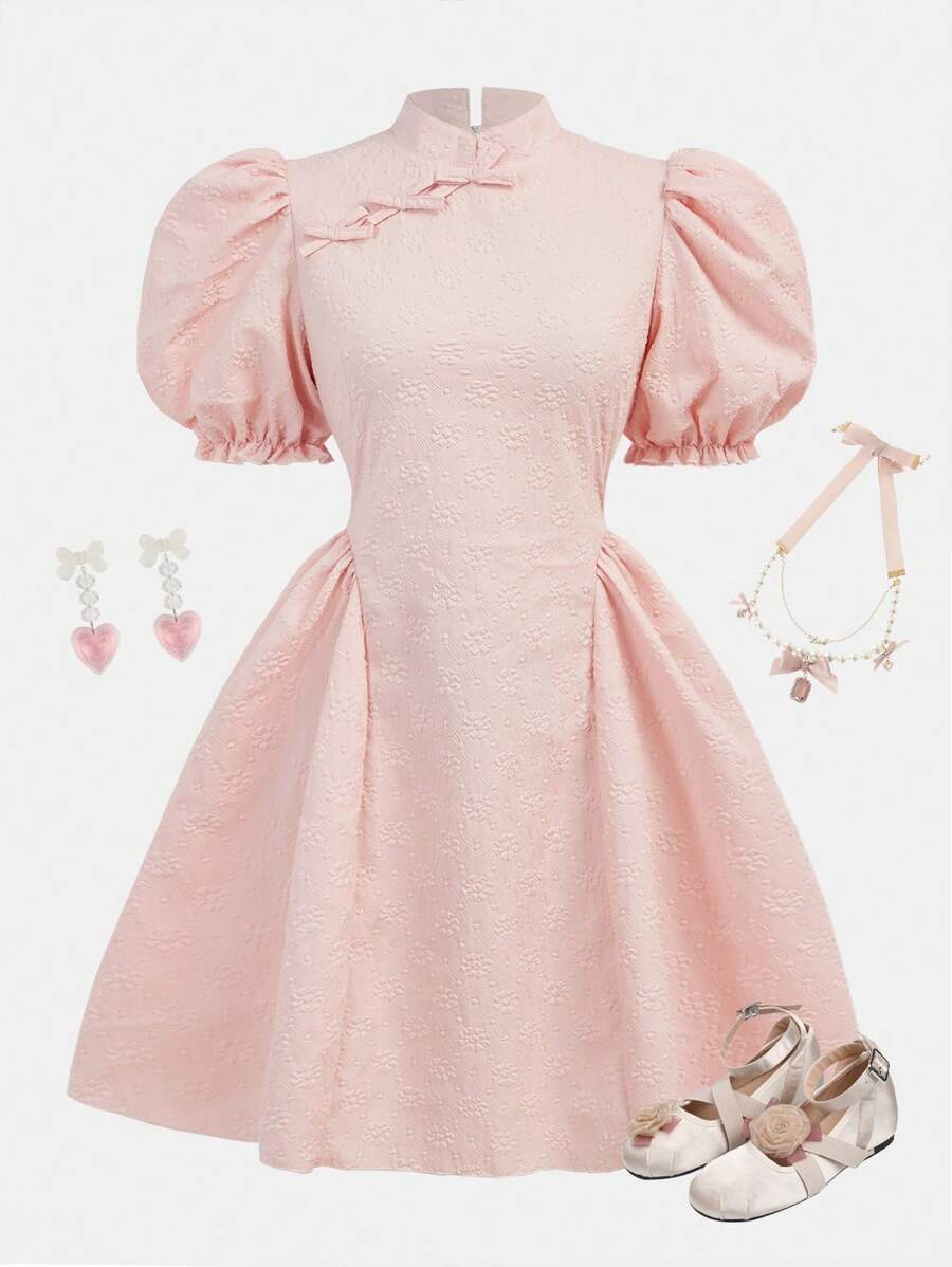 SHEIN 少女甜美休闲优雅花卉纹理立领纽扣腰短裙泡泡袖连衣裙,粉色,春/夏/秋季,适合上学, - 粉色 - 查看 1