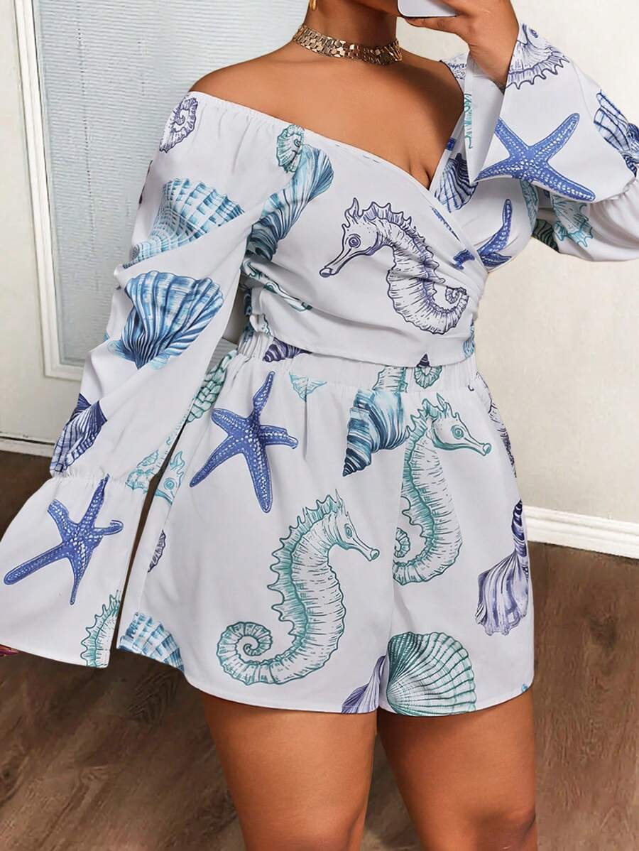 Slaydiva Plus Size Women 2 Pieces Set With Casual Ocean Print - Multicolor - View 1