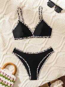 Women 2pcs/Set Khaki Solid Leopard Trim Bikini Set For Summer, For Summer Beach Vacation - Multicolor - View 4