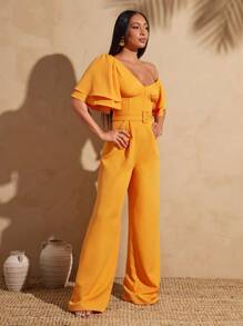 Vixey Asymmetrical Neck Off Shoulder Ruffle Sleeves Jumpsuit With Belt, Boho, Boho Women Clothing, Summer, Summer Outfits For Women, Spring Outfits For Women, Island Vacation Outfits - Orange - View 3