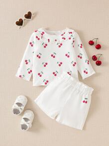 SHEIN 2 件套女婴时尚数码印花长袖 T 恤和裤子套装，春夏