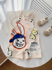1pc Young Boys Casual Sporty Streetwear Cute Rabbit Print Loose Bib Overall Shorts, Suitable For Daily Wear, School, Travel, Sports, Spring/Summer - Apricot - View 4