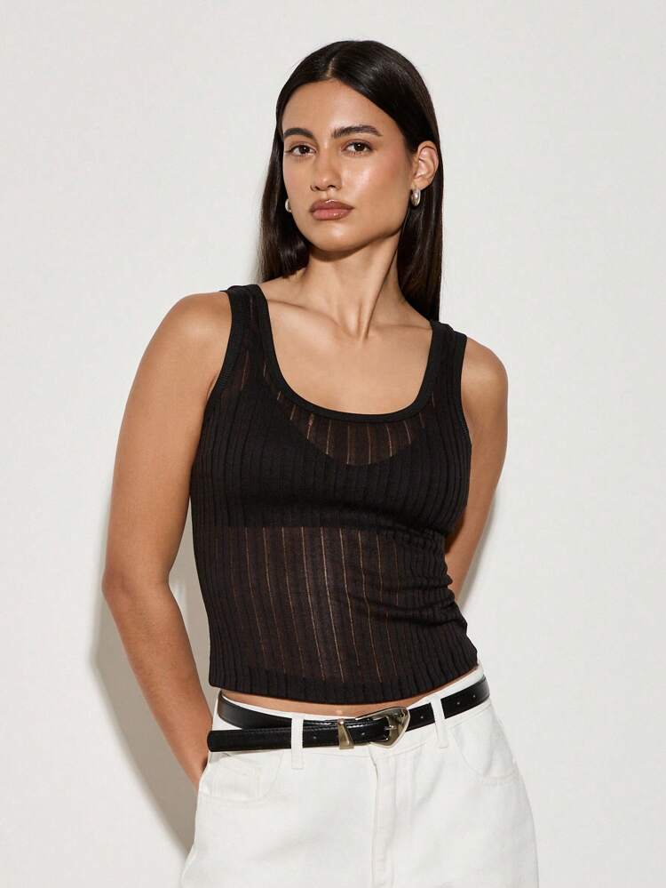 Ribbed Sheer Tank Top With Scoop Neck
