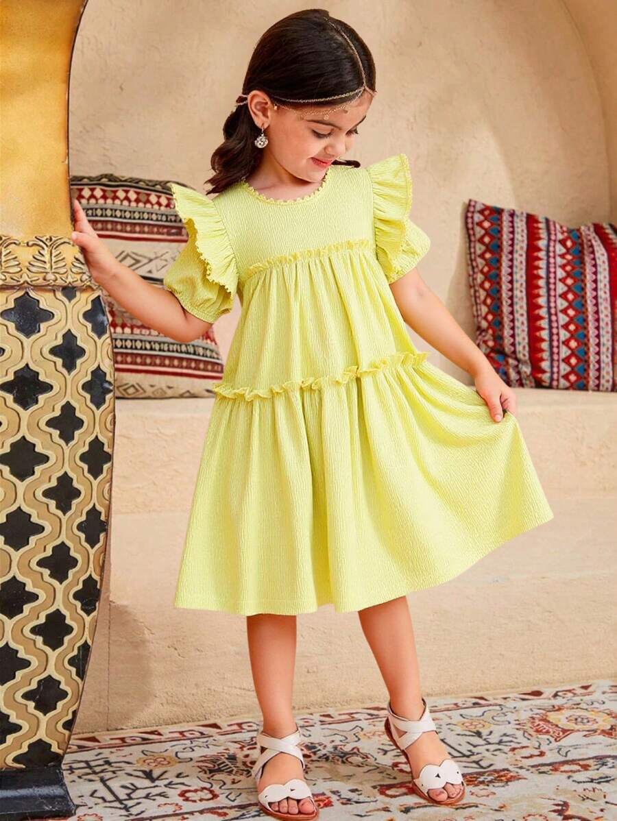 SHEIN Vestido informal de manga corta de unicolor con volantes para niña - Amarillo - Ver 1