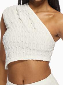 MISSGUIDED 单肩短款上衣罗纹针织夏季节日不对称无袖派对俱乐部晚会弹力修身纹理时尚上衣 - 白色 - 查看 5