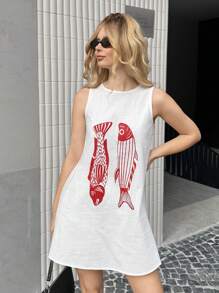 Forever 21 Women's Round Neck Sleeveless Simple Fish Print Casual Short Dress - White - View 5