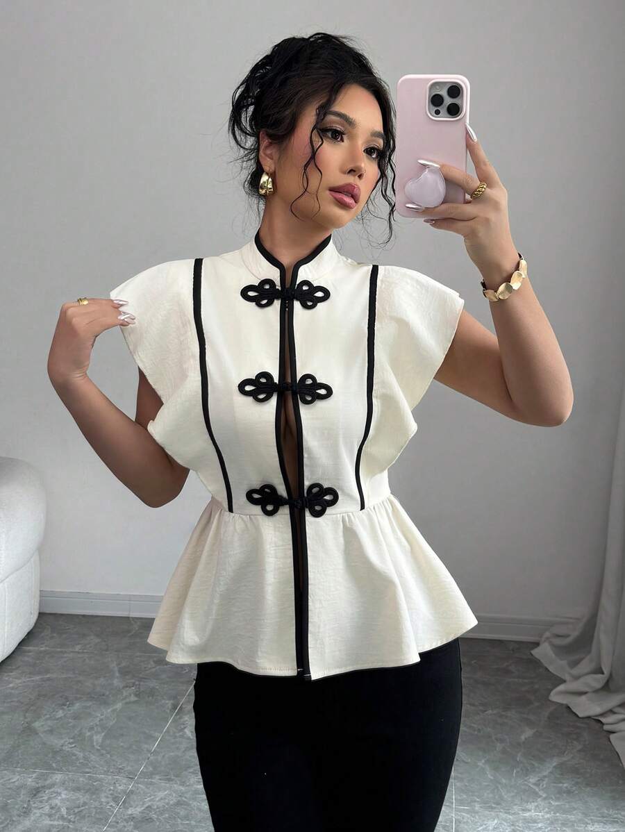 Chiquease Camisa con botones y cuello mao con volantes y contraste de color - Albaricoque - Ver 1