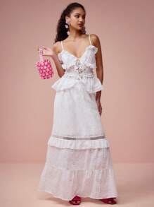 Enchnt 春夏浪漫女士白色精致花卉刺绣荷叶边蝴蝶结吊带背心，甜美优雅，适合婚礼季派对、甜蜜约会、花园派对、度假等场合。 - 白色 - 查看 6