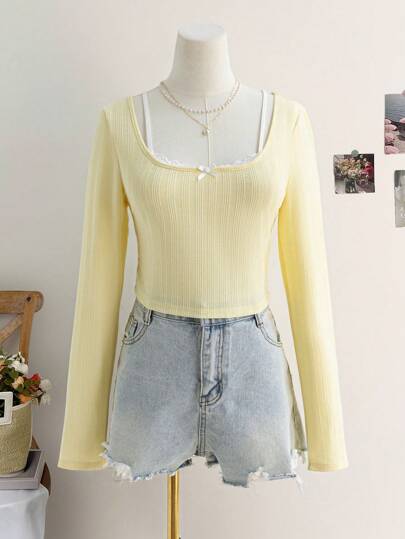 Soleia Áo thun dệt kim họa tiết 2 trong 1 cổ ren chắp vá tay dài màu hồng cho kỳ nghỉ của phụ nữ, thời trang