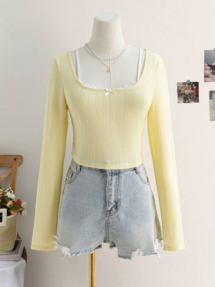 Soleia Áo thun dệt kim họa tiết 2 trong 1 cổ ren chắp vá tay dài màu hồng cho kỳ nghỉ của phụ nữ, thời trang - Màu vàng - Xem 1