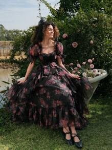 SHEIN MOD Women's Floral Layered Organza Puff Sleeve Black Background Dress,Rave Outfits Festival,Spring Break Outfits,Western Wear Women,Country,Beach,90s Clothes,Spring/Summer Outfits For Women,Modesty Clothes Women,Ruffle Dress,Romantic Dresses,Spring/Summer Dresses For Women,Easter Dress Women,Vintage Dresses For Woman,Easter Dress,Floral Dress Women,Graduation Dress,Maxi Dresses For Women - Multicolor - View 6