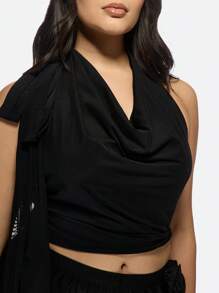 MISSGUIDED PLUS 优雅垂褶高领露背吊带上衣，大码晚宴派对夜店无袖短款衬衫，系带设计，时尚夏季上衣 - 黑色 - 查看 6