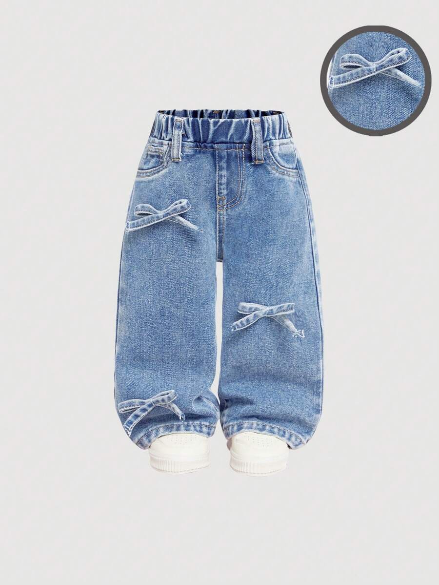 SHEIN Baby Girls Cute Bowknot Decor Blue Denim Wide Leg Pants,Girl Fall And Winter Clothes