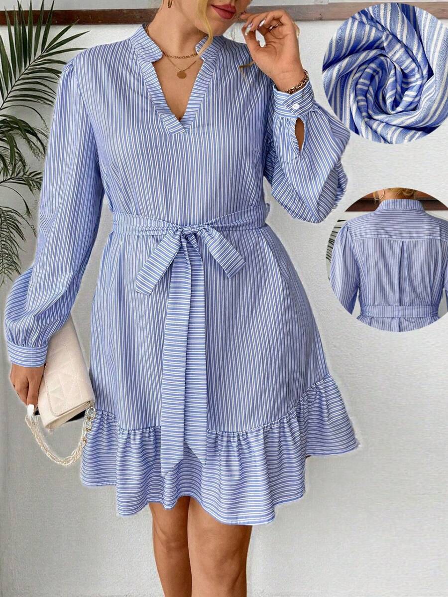 Calvaya Plus Size Women Blue Striped V-Neck Casual Belted Mini Long Sleeve Dress - Blue - View 1