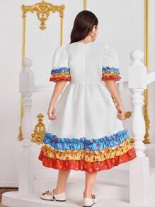 Tween Girl Plain Color Block Round Neck Short Sleeve Casual Dress - Multicolor - View 2