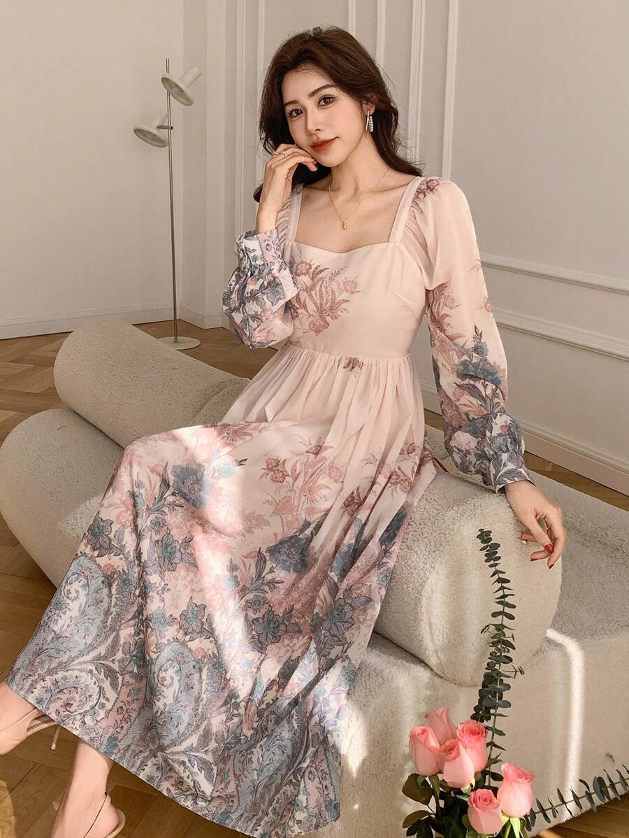 DAZY 女士全花卉泡泡袖方领中长连衣裙，秋季连衣裙长袖连衣裙