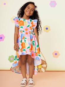 SHEIN CutesyCutie Young Girl's Woven Ditsy Floral Round Neck Ruffle Hem Fitted Dress