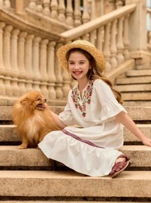 SHEIN Tween Girl Embroidered Colorful Ribbon Decor Dress - Multicolor - View 5