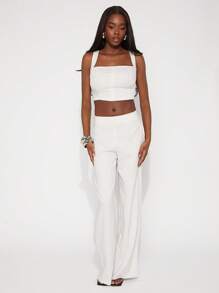 SHEIN Unity 春季方领细条纹节日无袖上衣夏季商务休闲办公室西服婚礼宾客特殊场合新娘晚宴舞会服装女士 - 白色 - 查看 6