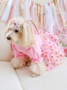 PETSIN 1pc Pet Dog Princess Dress With Puff Sleeves, Red Heart & Golden Foil Printing, Pink Mesh Splicing - Pink - View 4