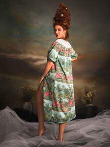 PinupPomp Vintage Palace Lace Print Long Robe With Mid-Length Sleeves, Women Nightgown - Green - View 2