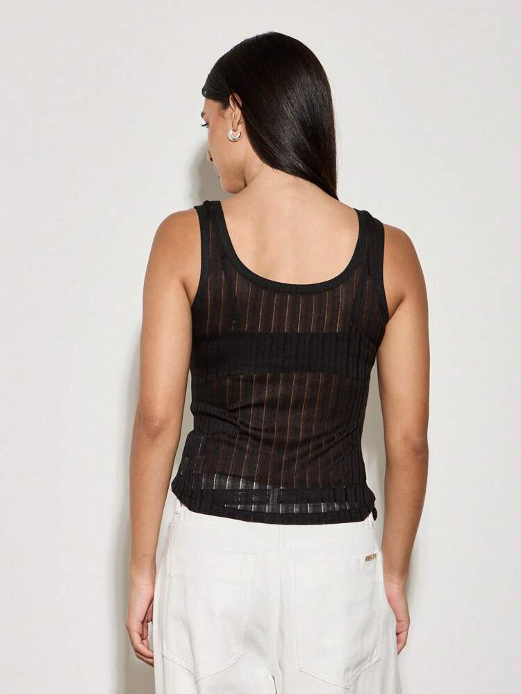 Ribbed Sheer Tank Top With Scoop Neck