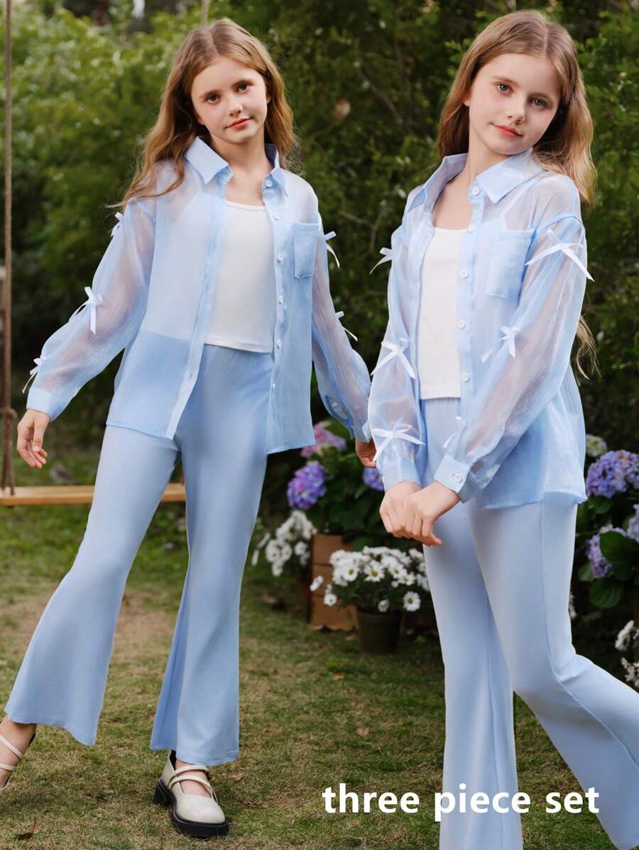 SHEIN 少女三件套：透明欧根纱蝴蝶结衬衫、针织背心、针织喇叭裤、休闲甜美风格 - 彩色 - 查看 1