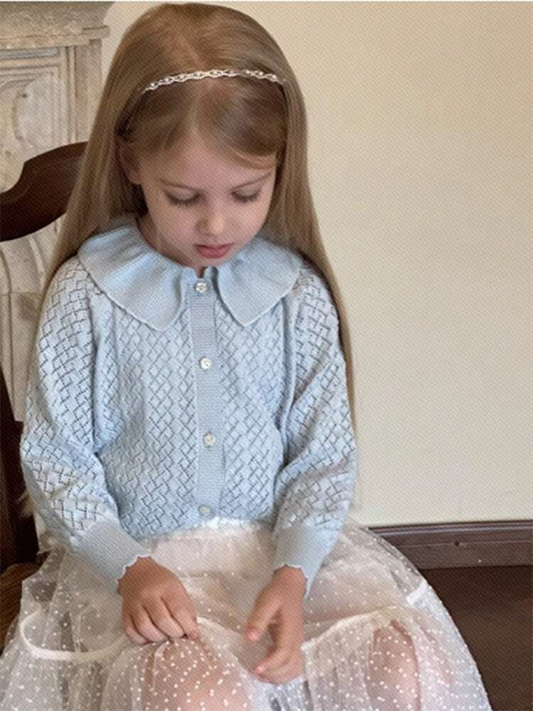 2pcs/Set Little Girls Vintage Style Hollow Out Long Sleeve Cardigan And Versatile Mini Skirt, Spring/Summer