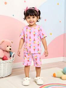 Set de 2 piezas de pijama para niña con body de manga corta y shorts con estampado de helado - Rosa - Ver 1