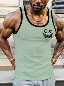 Manfinity LEGND Men's Casual Smiling Face Print Trim Undershirt Top Men Summer Tank Tops Men Graphic Tank Tops - Green - View 3
