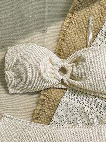 SHEIN 少女杏色优雅假日纹理背心、短裤、裙子和蕾丝罩衫泳装套装 4 件套，买一送四，适合春夏海滩/假日休闲装 - 杏色 - 查看 4