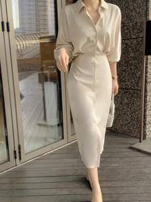 Women's Solid Color Front Button Long Sleeve Casual Long Dress Fall Cloth For Women - Apricot - View 4
